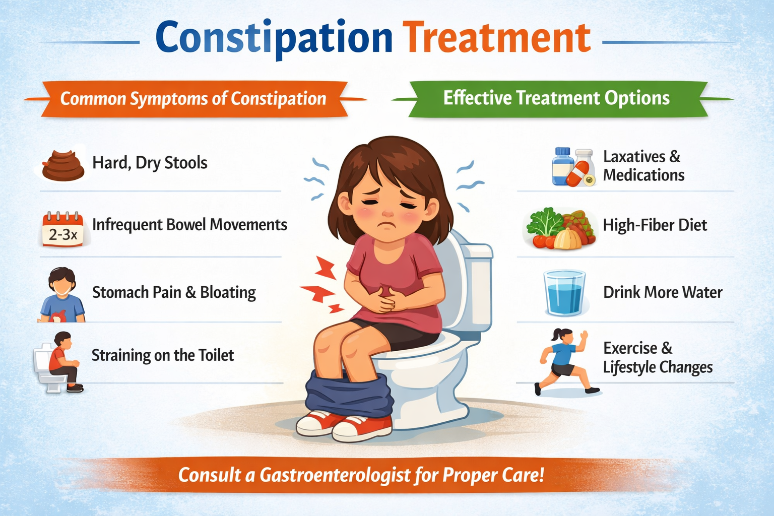 Constipation treatment infographic showing symptoms like hard stool, bloating and treatment options including fiber diet and hydration