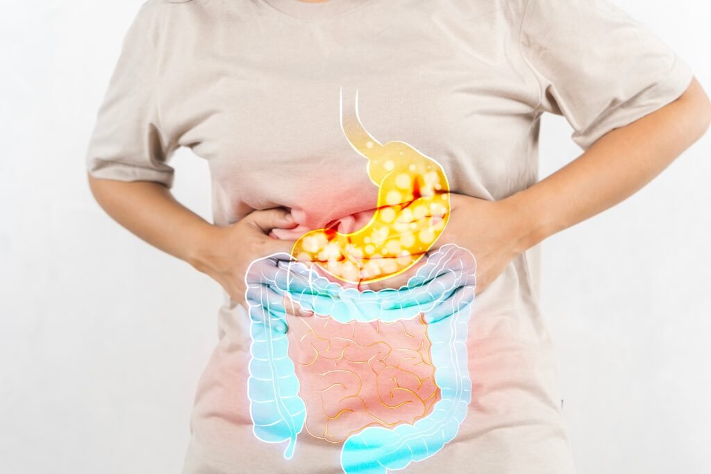 Constipation treatment illustration showing stomach and intestine with abdominal pain and digestive discomfort