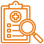 Medical report analysis icon with clipboard and magnifying glass representing diagnostic evaluation and health checkup