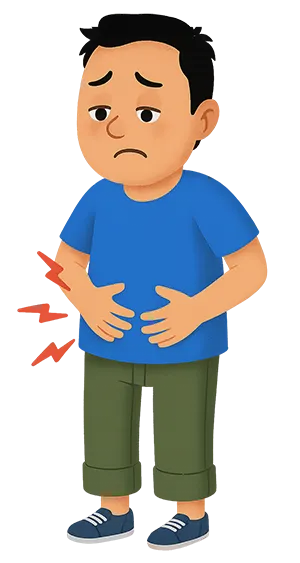 Cartoon boy with stomach pain representing abdominal pain and digestive problems