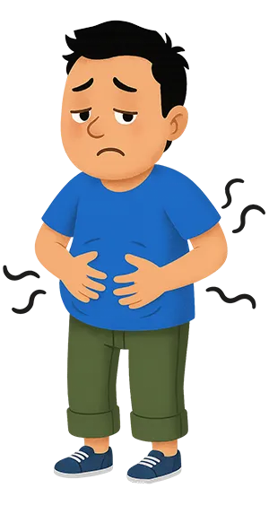 Cartoon boy suffering from gas and acidity stomach pain illustration