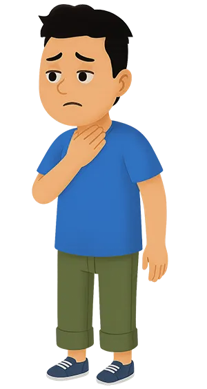 Cartoon boy with throat pain and acid reflux problem illustration