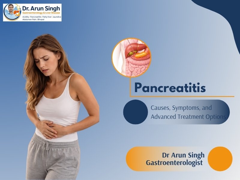 Woman holding stomach due to pancreatitis pain with information about causes, symptoms, and advanced treatment options by Dr Arun Singh Gastroenterologist in Bhopal